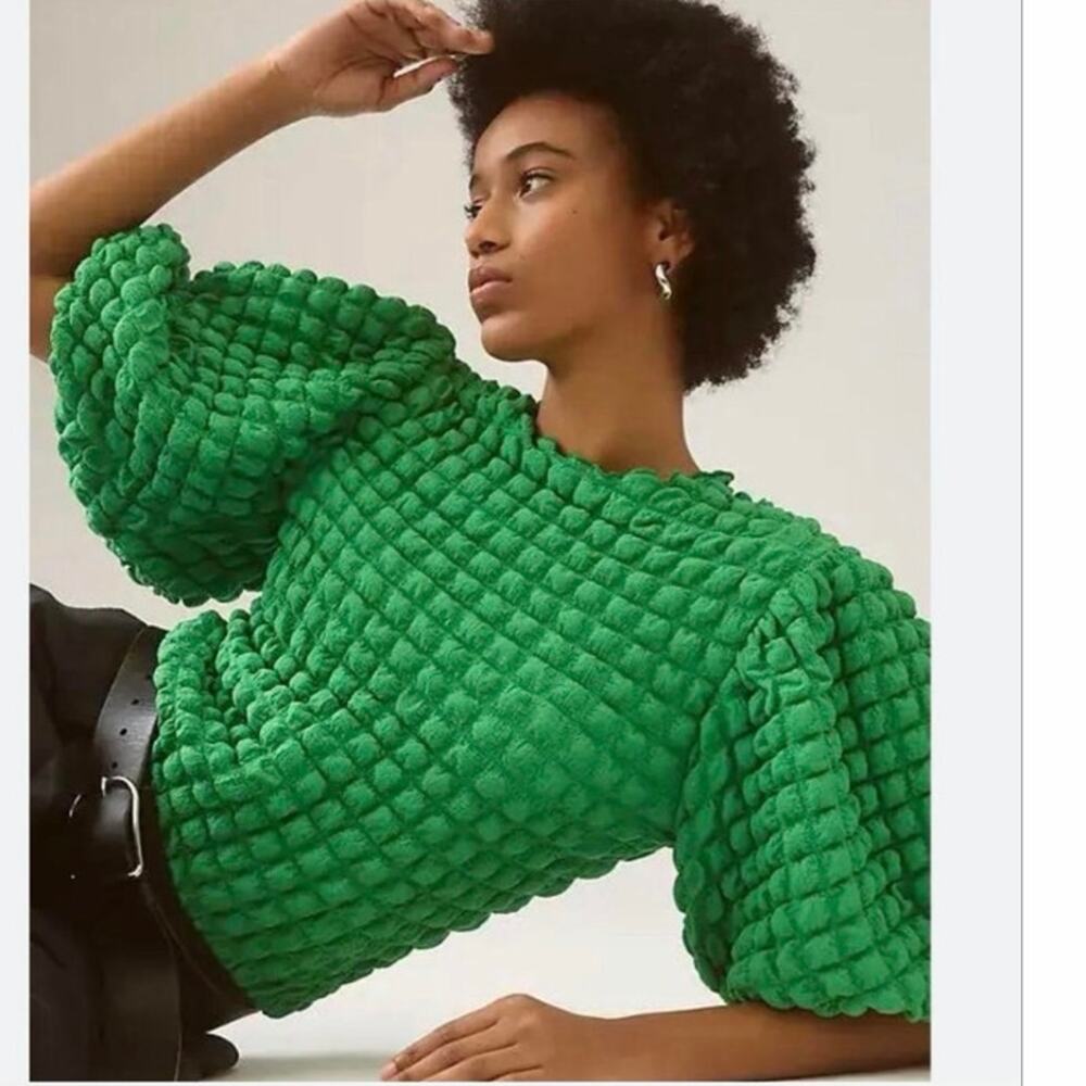 Anthropologie Eri + Ali Textured Popcorn Puff Sleeve Top Blouse Kelly Green XS